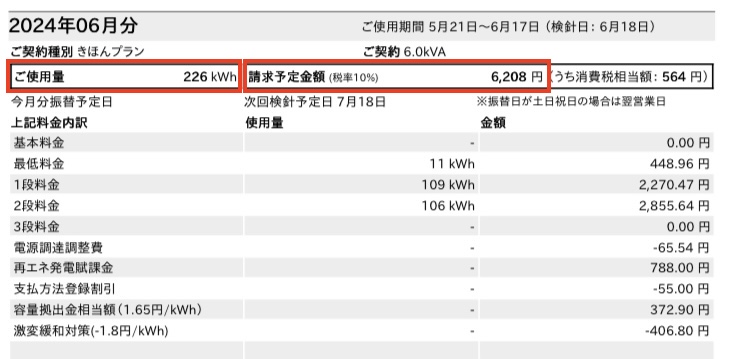 シン・エナジーを利用した際の2024年6月の電気料金