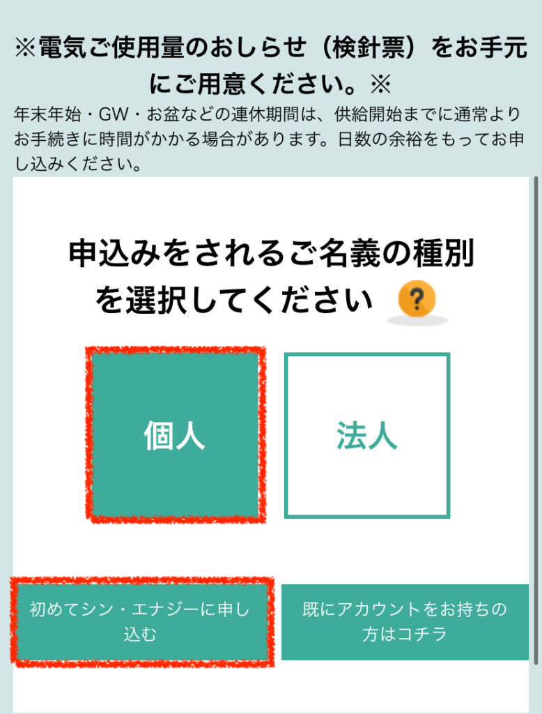 シン・エナジーの申し込みの名義種別選択画面