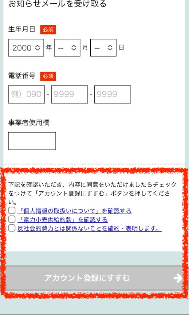 シン・エナジーの申し込みのアカウント登録画面